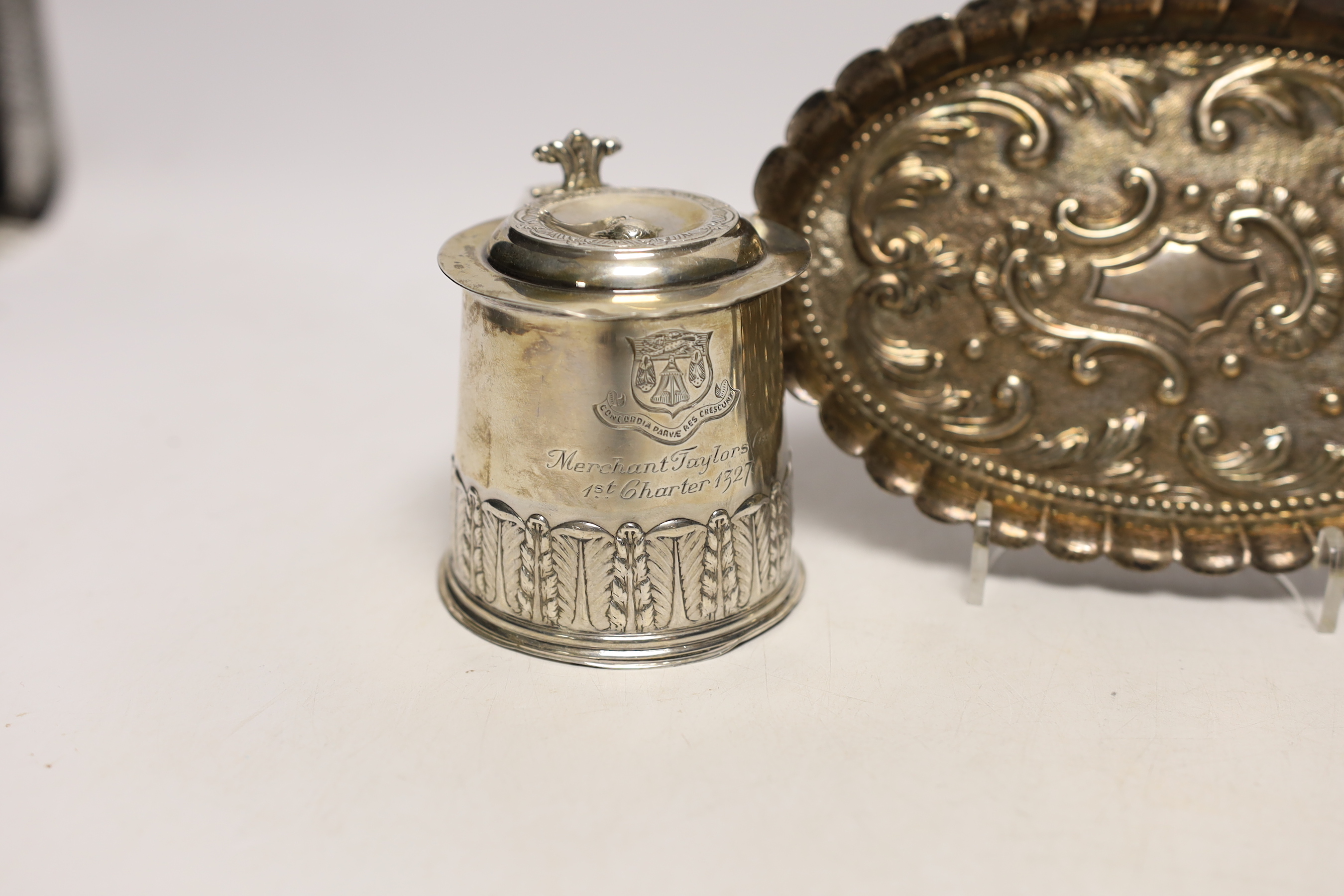 A George V miniature tankard with engraved inscription to commemorate the 'Merchant Taylors Co, 1st Charter, 1327', Daniel & John Welby, London, 1927, 85mm, together with a William IV silver small campana shaped vase and